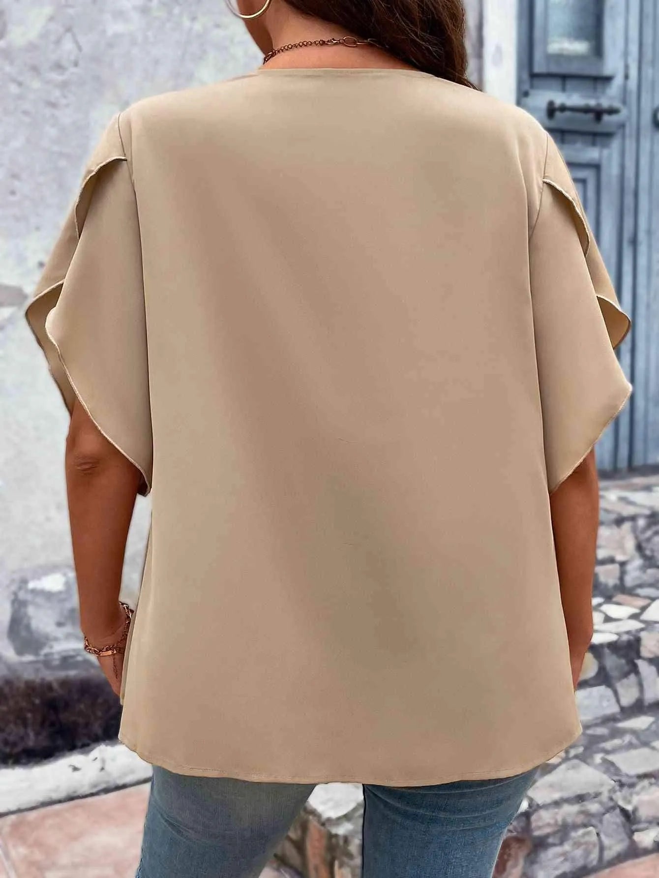 Plus Size V-Neck Flutter Sleeve Blouse Blouses - Tophatter Daily Deals